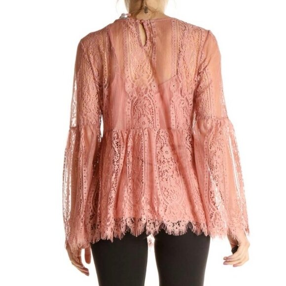 ULTRA Pink Solid Pink 100% Lace Peplum-Waist Lined Long Bell Sleeve Blouse NWT L - Picture 2 of 10